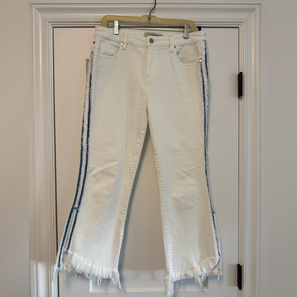 Liverpool White Women's Fringe Hem Jeans with Navy Side Stripe and Kick Pleat